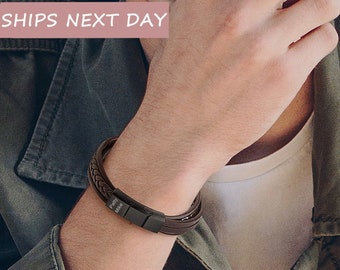 Boyfriend Gift Hidden Message Jewelry - Leather Bracelet Braided - Engraved Name Bracelet - Leather Bracelet Mens Personalized