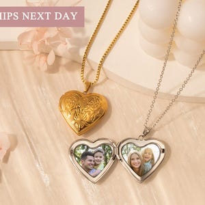 Gold Vintage Heart Locket Necklace - Heart Locket Necklace with Photo - Custom Locket - Family Photo Gift for Mom