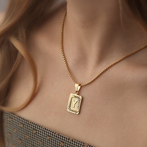Initial Letter Necklace - 18K Gold Initial Necklace - Square Alphabet Rectangle Medallion  Personalized - Alphabet Rectangle Necklace Unisex