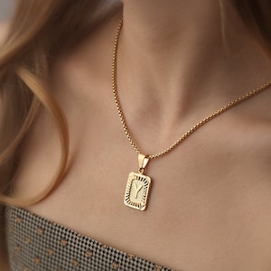 Initial Letter Necklace - 18K Gold Initial Necklace - Square Alphabet Rectangle Medallion  Personalized - Alphabet Rectangle Necklace Unisex