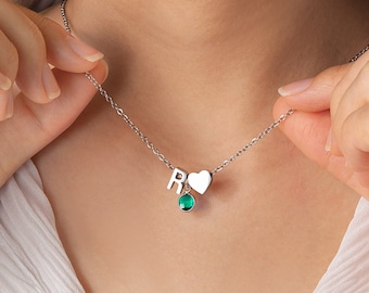 Initial Necklace With Birthstone - Personalized Letter Birthstone Necklace - Initial Necklace with Heart Pendant - Unique Gifts for Girls