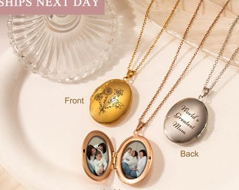 Custom Bouquet Locket Necklace with Birth Flower - Combine Flower Picture Locket - Engraved Oval Locket Photo Necklace - Mothers Day Gifts
