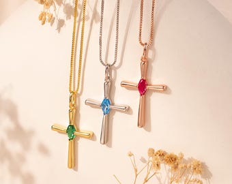Personalized Birthstone Cross Necklace - Cross Pendent Necklace Custom Birthstone - Christian Jewelry Baptism Gift - Godmother Gifts