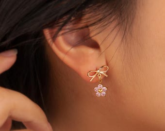 Birthstone Bow Earrings for Girls - Bow Stud Earrings with Custom Dangling Gemstone Flower Charm - Bow Dangle Earrings Gifts for Daughter