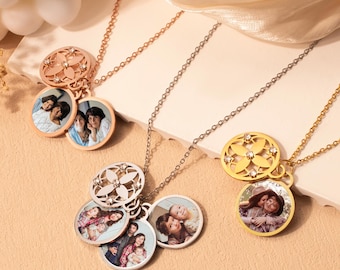 Mothers Day Gift - Personalized Photo Necklace with Four-leaf Clover Pendant - Engraved Locket Custom Multi Family Photo - Mom Birthday Gift