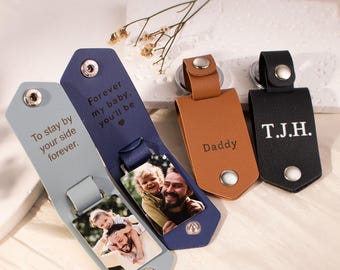 Personalized Leather Keychain with Photo - Engraved Mens Leather Keychain for Dad - Man Accessory Metal Tag Photo Keychain Husband Gift