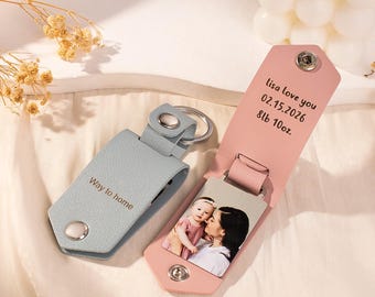 Leather Keychain Women - Personalized Leather Keychain with Photo Inside - Custom Picture Keyring - Family Picture Keychain for Mom