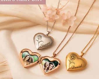 May include: Heart-shaped locket necklaces in silver and gold. One locket is open, revealing two photos. The silver locket is engraved with "Sunny" and a rose. The gold locket is engraved with "Daniel" and a sunflower.