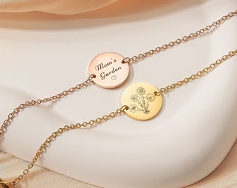 Gift for Mom - Birth Flower Bouquet Bracelet - Family Combined Birth Month Flower Bouquet Disc Bracelet - Personalized Jewelry Mom Bracelet