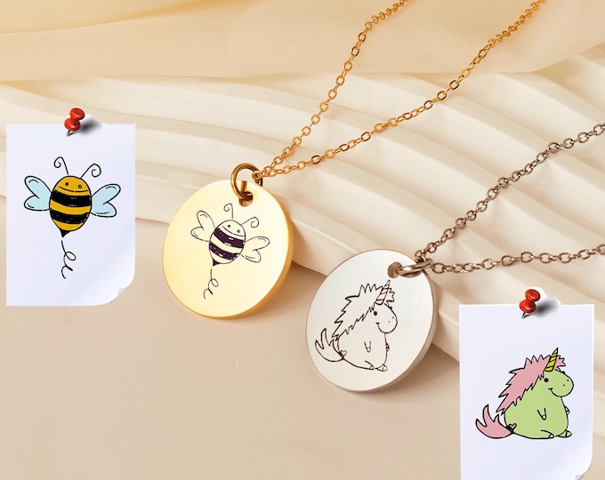Kids Drawing Necklace Personalized - Custom Drawing Necklace - Engraved Necklace Child Artwork Necklace - Mom Birthday Gift From Kids