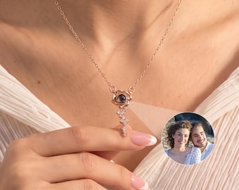 Personalized Rose Photo Projection Necklace - Custom Picture Dainty Rose Pendant Projection Jewelry for Her - Girlfriend Gift Anniversary
