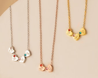 Gift for Mom - 3D Heart Initial Necklace with Birthstone - Family Birthstone Jewelry Gift - Engraved Letter Necklace for Women