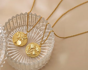 Mothers Day Necklace - Gold Birth Flower Jewelry - Flower Coin Necklace Embossed -Birth Month Flower Necklace - Vintage Jewelry Grandma Gift