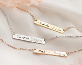 Gift For Mothers Day - Birth Flower Bar Necklace - Custom Name Horizontal Bar Necklace - Personalized Jewelry for Women