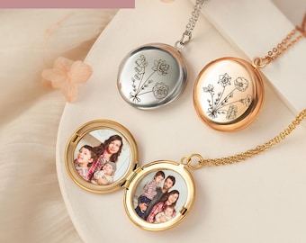 Photo Locket Gift for Mom - Locket Necklace Personalized - Birth Flower Locket with Engraving - Family Photos Locket Necklace