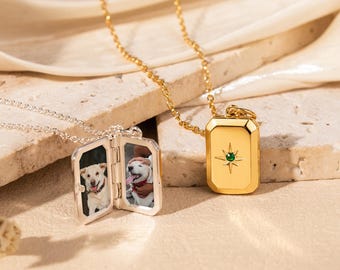 Locket Necklace with Birthstone - Custom Square Locket Pet Photo Necklace - Engraved Locket with Dog Photos - Pet Memorial Photo Jewelry