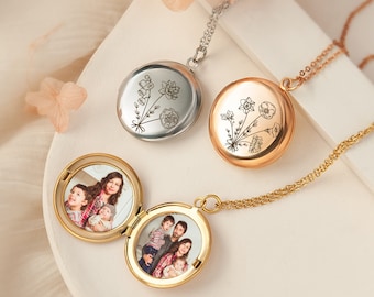 Unique Mothers Day Gift - Locket Necklace Personalized - Combined Birth Flower Locket - Photo Jewelry with Engraving - Photo Locket Necklace