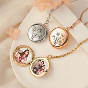 Unique Mothers Day Gift - Locket Necklace Personalized - Combined Birth Flower Locket - Photo Jewelry with Engraving - Photo Locket Necklace