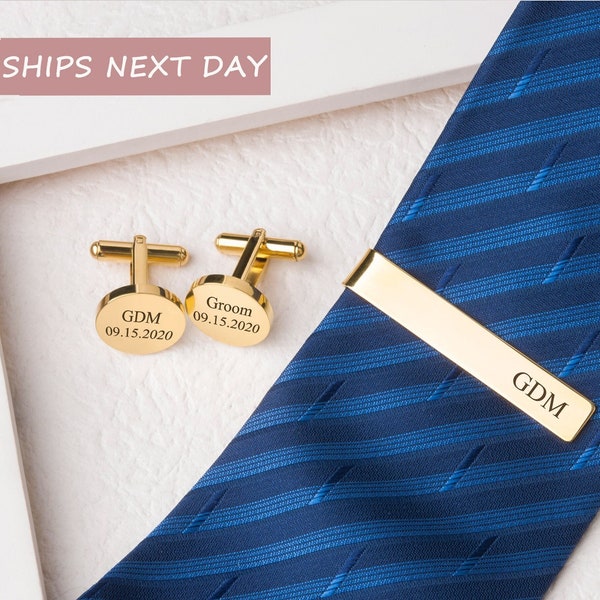 Tie Clip and Cufflink Set Personalized - Tie Clip and Cufflink Set Gold - Wedding Gift for Groom - Groom Gift Box