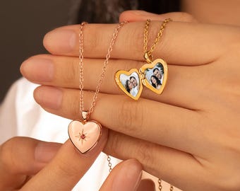 Custom Birthstone Heart Photo Locket -Engraved Locket Necklace with Photo -Heart Locket for Her Personalized Picture Locket Anniversary Gift