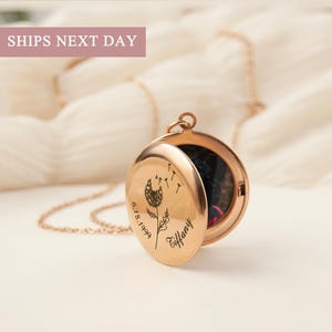 Photo Locket Necklace - Photo Necklace - Engraved Name and Date Birth Flower Necklace - Memory Locket Keepsake Necklace Memorial Gift