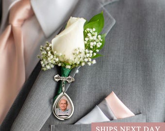 Memorial Pin for Groom -  Teardrop Shape Photo Lapel Pin - Custom Groom Boutonniere Photo Charm Wedding Gift - Groom Gift from Bride