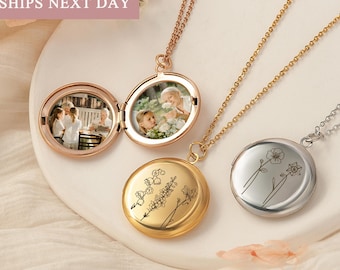 Round Locket Necklace with Photos - Engraved Birth Flowers Necklace - Picture Necklace Custom Locket Jewelry - Personalized Grandma Gifts