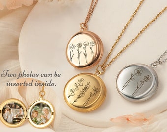 Engraved Locket Pendant - Birth Flower Necklace - 2 Pictures Locket Personalized Gifts - Locket Necklace in Silver, Gold, Rose Gold