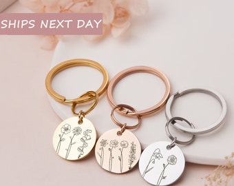 May include: Three metal keychains with floral designs. One is gold, one is rose gold, and one is silver. Each keychain has a round pendant with a different botanical illustration. The text "SHIPS NEXT DAY" is at the top.