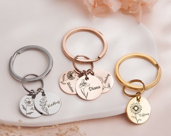 Keychain for Women - Engraved Kids Name and Birth Flower - Mom Keychain - Birth Flower Keychain - Custom Keychain Multiple Name Goft
