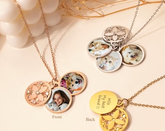 Personalized Pet Photo Locket Necklace - Multi Pets Photo - Engraved Necklace with 4 leaf Clover Pendant Jewelry - Pet Mom Gift