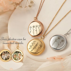 Engraved Locket Pendant - Birth Flower Necklace - 2 Pictures Locket Personalized Gifts - Locket Necklace in Silver, Gold, Rose Gold