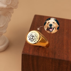 Gift For Her - Dog Portrait Signet Ring Women - Personalized Ring Engraved Pet Photo - Custom Pet Portrait Pet Memorial Ring
