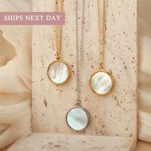 Unique Mothers Day Gift for Mom - Engraved Round Locket Necklace - Custom Gold Locket Jewelry -Mother of Pearl Locket Necklace with 2 Photos