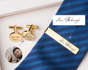 Tie Clip and Cufflink Set Personalized - Engraved Handwriting Tie Clip - Custom Portrait Photo Cuff Links - Gift for Fiancé - Wedding Gift