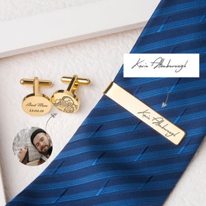 Tie Clip and Cufflink Set Personalized - Engraved Handwriting Tie Clip - Custom Portrait Photo Cuff Links - Gift for Fiancé - Wedding Gift