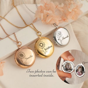 Round Locket Necklace - Photo Necklace Engraved Birth Flower and Name - Locket Necklace 2 Photos - Custom Photo Gift For Mom