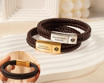 Pulsera de cuero de alerta médica para hombre - Pulsera de cuero genuino trenzado con identificación médica personalizada - Pulsera médica de cuero personalizada resistente al agua