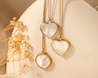 Mother of Pearl Locket - Heart Locket - Engraved Round Locket - Customized Photo Locket Necklace - Meaningful Gift for Her