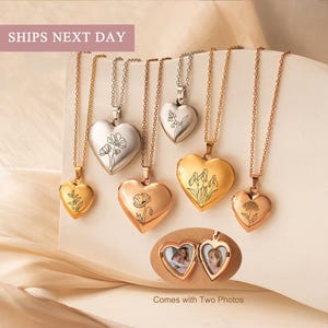 Small Big Heart Locket Necklace - Engraved Birth Flower Locket Pendant Necklace - Custom Locket with Photos - Custom Jewelry - Gift for Mom
