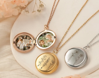 Gifts For Grandma - Locket Necklace with Photo - Engraved Birth Flowers Necklace - Picture Necklace Photo Locket - Great Grandma Gift