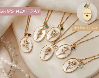 Mom Necklace - Birth Flower Necklace with Birthstone - Gold Filled Birth Month Flower Necklace - Brithday Flower Necklace - Mom Jewelry