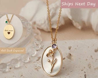 Mothers Day Gifts for Grandma - Gold Shell Flower Necklace - Birth Flower Necklace - Birthstone Necklace Birth Flower Personalized Nana Gift