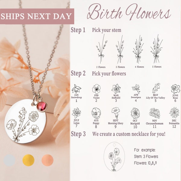 Cadeau fête des mères pour maman - collier de fleurs de naissance combinée - collier bouquet de fleurs - cadeaux uniques de collier de famille - collier fête des mères