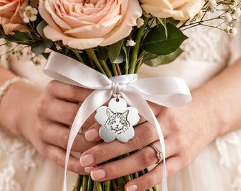 Custom Pet Portrait Wedding Bouquet Charm - Pet Wedding - Cat in the Wedding - Dog in Wedding - Engraved Pet Memorial Charm Gift for Bride