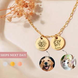Pet Portrait Custom Necklace - Engraved Dog Necklace with Name -  Personalized Pet Necklace Dog Mom Cat Mom Gift - Unique Pet Jewelry