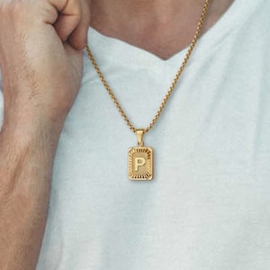 18K Gold Square Initial Necklace Unisex - Medal Gold Letter Necklace Jewelry - Square Alphabet Pendant Necklace - Gift For Him