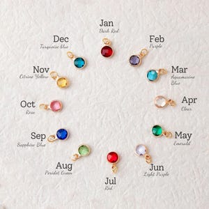 Puede incluir: Una colecci&oacute;n de colgantes dorados, cada uno con una piedra preciosa de diferente color. Las piedras preciosas est&aacute;n dispuestas en c&iacute;rculo, cada piedra est&aacute; etiquetada con un mes y un color, incluyendo Rojo Oscuro, Azul Turquesa, Amarillo Citrino, Rosa, Azul Zafiro, Verde Peridoto, Rojo, P&uacute;rpura, Azul Aguamarina, Claro, Lila Claro y Esmeralda.