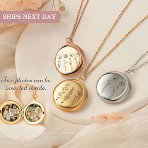 May include: Three round pendant necklaces in rose gold, gold, and silver. Each pendant features a floral design. One pendant is open, revealing two photos inside. The text "Two photos can be inserted inside" is visible.