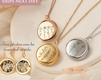 Engraved Locket Pendant - Birth Flower Necklace - 2 Pictures Locket Personalized Memorial Gift - Locket Necklace in Silver, Gold, Rose Gold